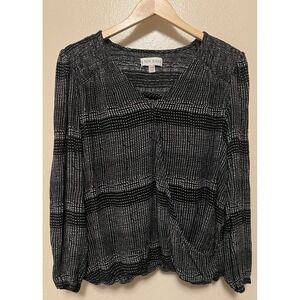 Knox Rose Womens Blouse Smocked Black Size XXL Faux Wrap V Neck Stretch Top Boho